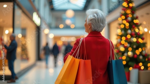 Festive shopping in the mall during christmas season with stylish elderly woman