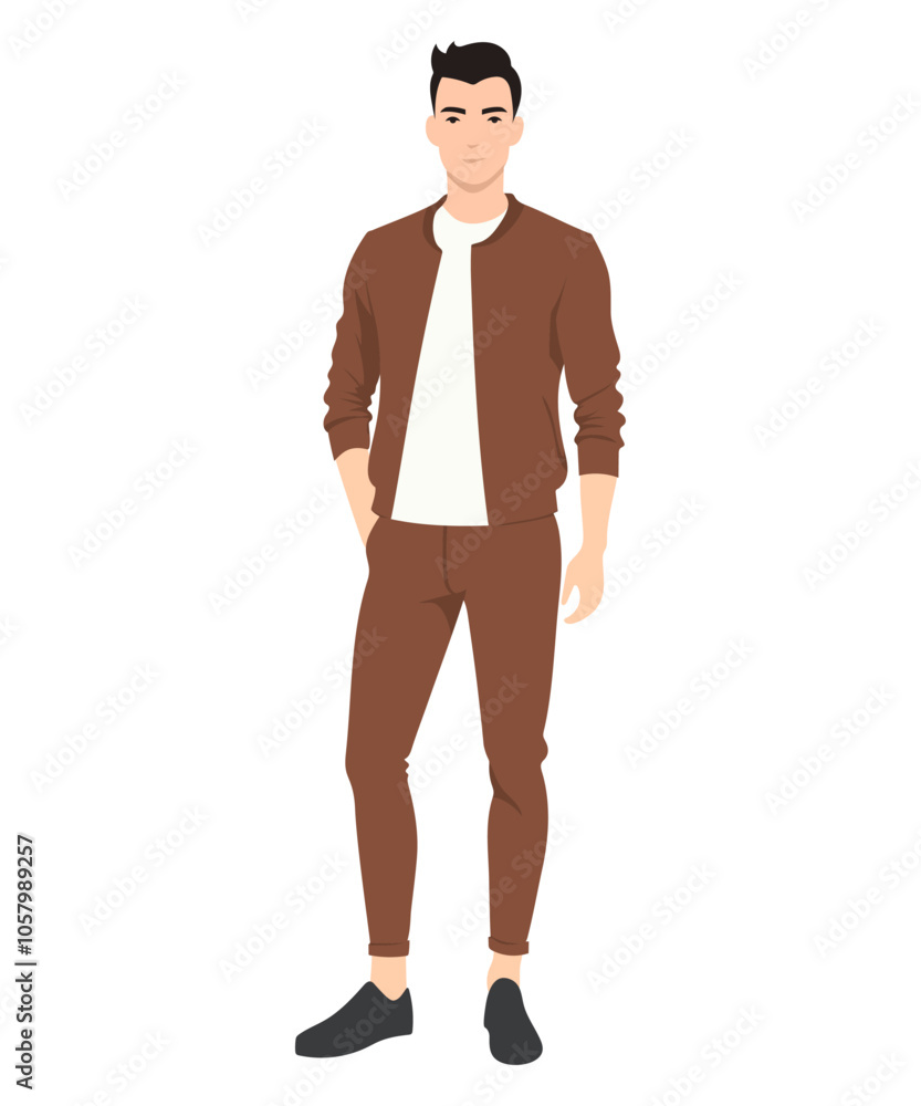 Vector illustration. Young man Brown suit and white T-shirt, image combining style and comfort.