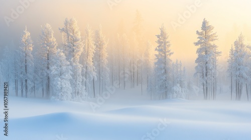 A misty winter sunrise illuminates a snow-covered forest with tall, frost-covered trees, creating a serene and ethereal landscape.