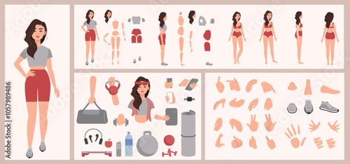 Fitness sport woman constructor suitable for animation. Generator of diverse eyes, lips, emotion expressions mouth animation and lip sync. Yoga woman character face and body construction.