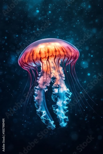 A vibrant jellyfish illuminated in an aquatic environment.