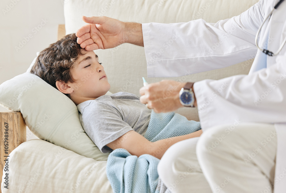 Obraz premium Child, male person and doctor with thermometer, consulting service and medical appointment as kid. Boy, pediatrician and hand on forehead for wellness, checkup or healthcare treatment in consultation