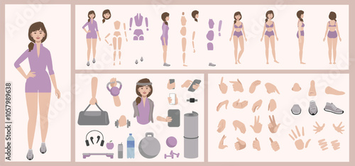 Fitness sport woman constructor suitable for animation. Generator of diverse eyes, lips, emotion expressions mouth animation and lip sync. Yoga woman character face and body construction.