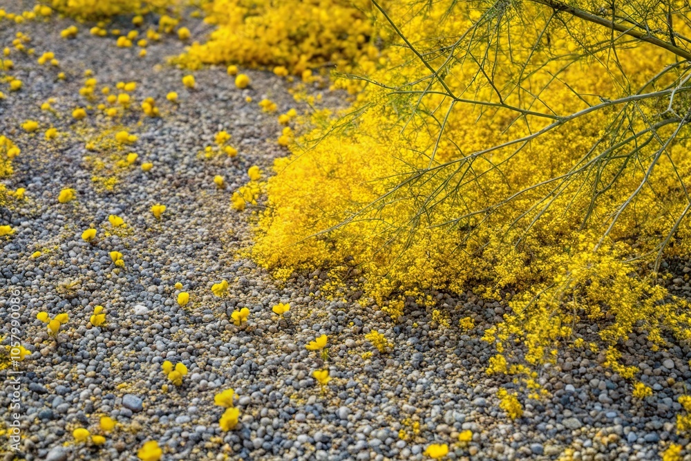 Minimalist bright yellow desert ground covered with Palo Verde fallen flowers and mixed gravel Minimalist bright yellow desert ground covered with Palo Verde fallen flowers and mixed gravel