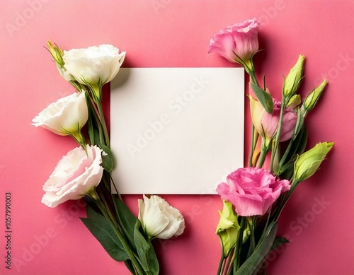 Top view of a blank greeting card lying gracefully among delicate eustoma flowers, beautifully arranged on a soft, vibrant pink background, creating a warm, inviting, and gentle atmosphere for celebra photo