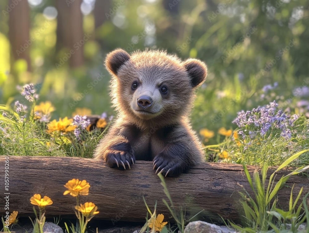 Fototapeta premium A young grizzly bear cub resting on a log amidst colorful wildflowers.
