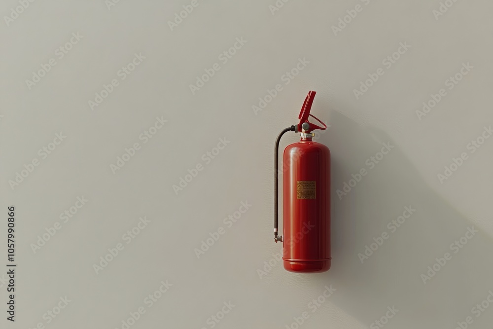 Red fire extinguisher mounted on a plain wall in a modern building for fire safety Red fire extinguisher mounted on a plain wall in a modern building for fire safety