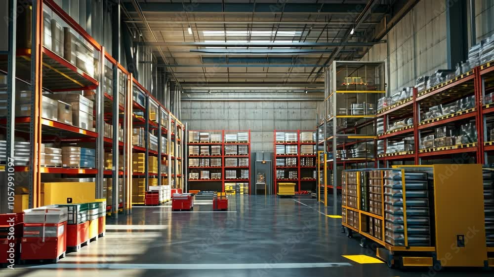A large warehouse with high shelves full of boxes and supplies A large warehouse with high shelves full of boxes and supplies