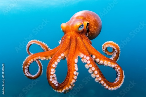 A vibrant orange octopus swimming gracefully underwater.