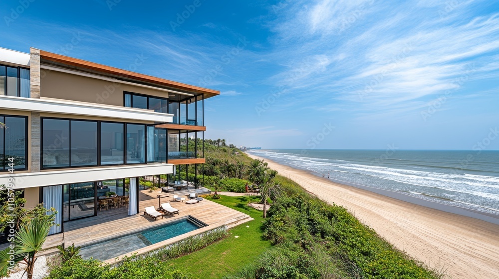Obraz premium A large house with a pool and a beach in the background