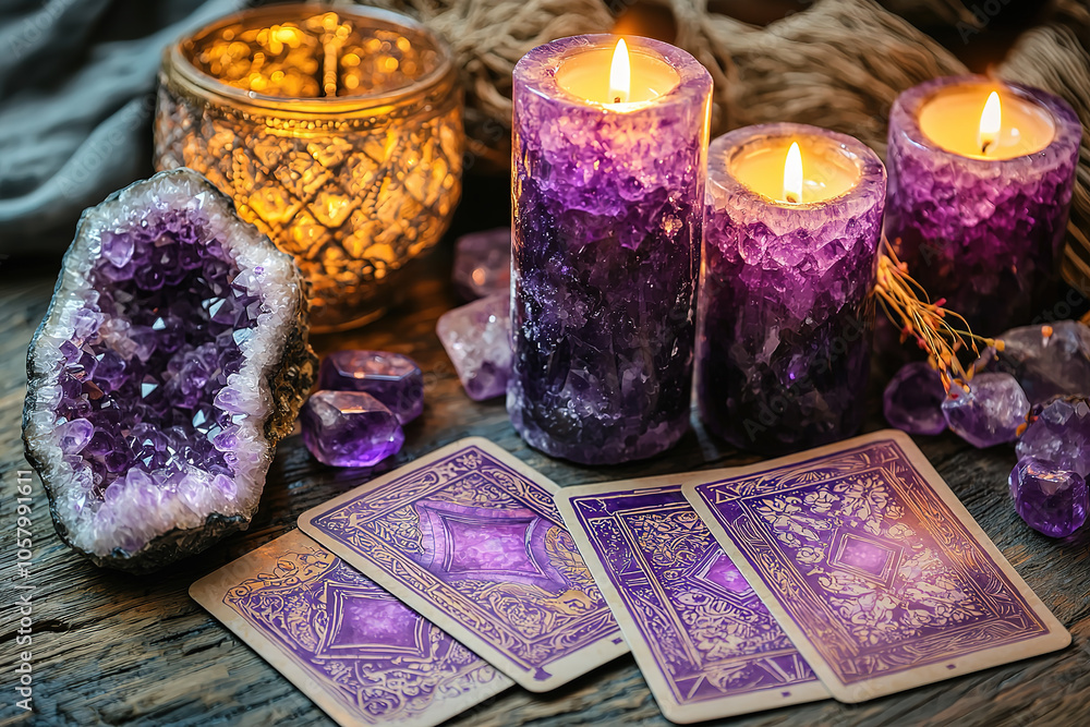 A mystical and enchanting setting with tarot card and magical crystals A mystical and enchanting setting with tarot card and magical crystals