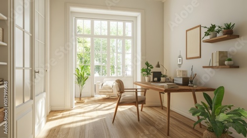 Cozy Modern Home Office with Natural Light and Greenery