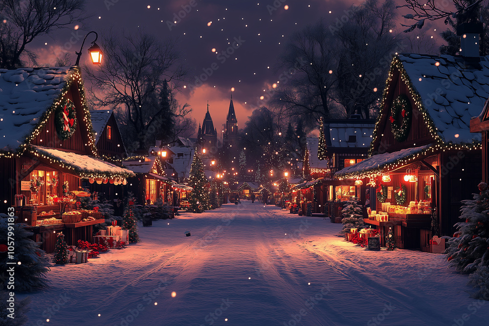 A snowy street with Christmas lights and Christmas market stands A snowy street with Christmas lights and Christmas market stands