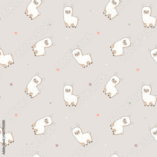 Cute seamless llama pattern on beige background, adorable alpaca design, soft cream llamas repeating pattern, illustration in vector, pastel colored animals design, neutral background for kids decor