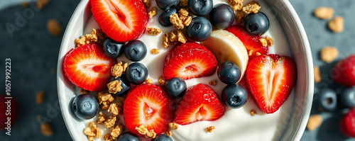 Healthy yogurt bowl topped with fresh fruits and granola in a kitchen setting