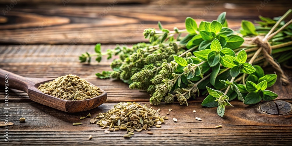 Minimalist fresh dried oregano herb on wooden background Minimalist fresh dried oregano herb on wooden background