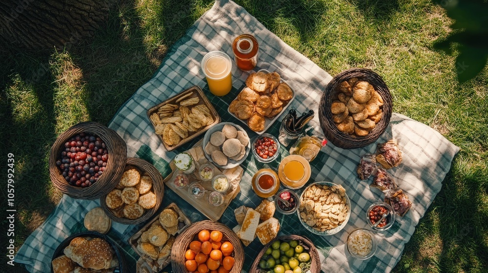Picnic Spread of Snacks and Drinks in the Park Picnic Spread of Snacks and Drinks in the Park