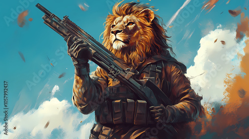 A powerful soldier lion standing tall in the savannah, lion, soldier, wildlife, animal, fierce, majestic, strong. African Savannah Warriors. Illustration