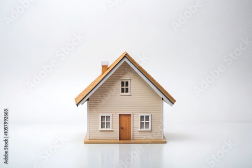 Minimalist gable roof house design over white background with reflection