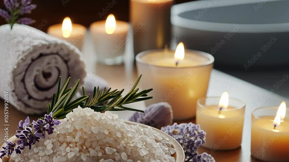A bowl of bath salts, lavender, and rosemary sits on a table with lit candles, creating a relaxing atmosphere A bowl of bath salts, lavender, and rosemary sits on a table with lit candles, creating a relaxing atmosphere