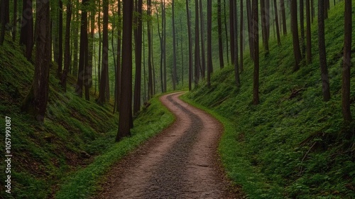 Serene Trail at Sunrise in a Peaceful Forest