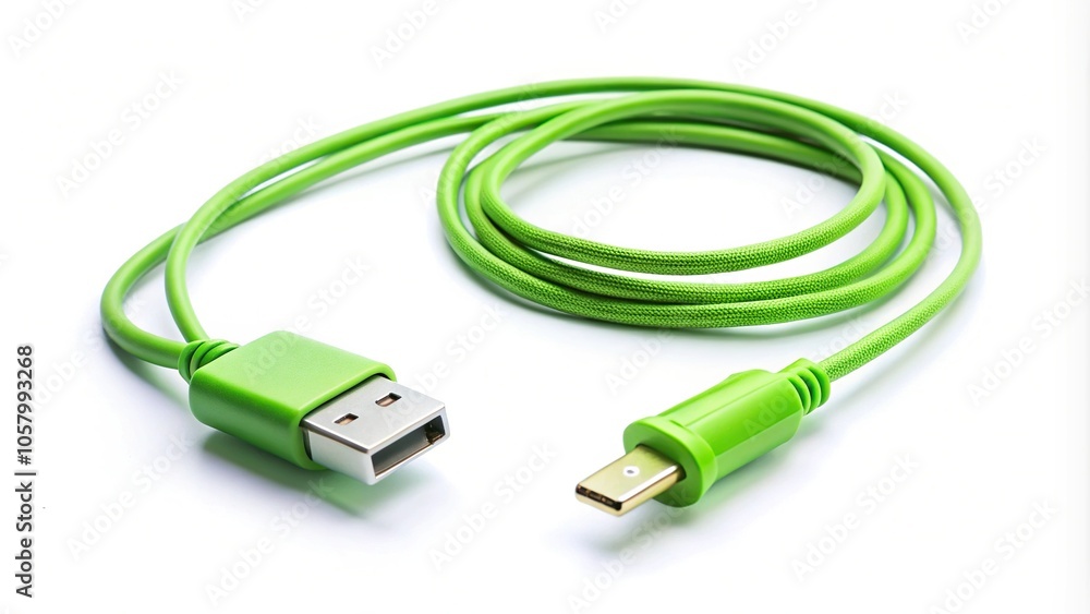 Minimalist green wire cable of USB and adapter isolated on white background with selective focus. Minimalist green wire cable of USB and adapter isolated on white background with selective focus.