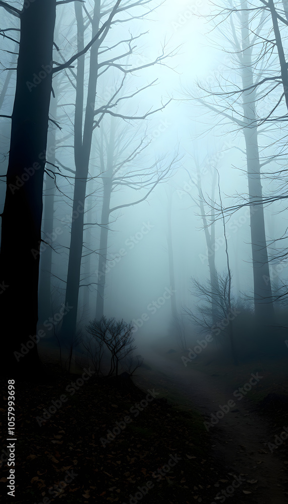 Fototapeta premium Fairy Mysterious Forest. Mystical atmosphere. Paranormal another world. Fairytale. Stranger forest in a fog. Dark scary park. Background wallpaper isolated with white highlights, png