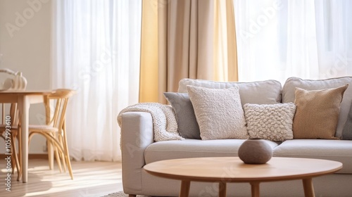 Cozy Modern Living Room with Light Curtains and Neutral Decor