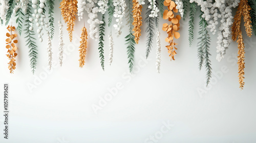 Hanging artificial floral arrangement with white and orange flowers and green leaves against a plain background.