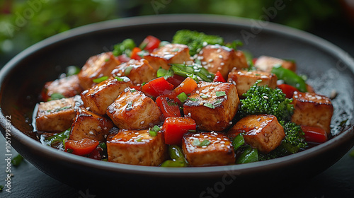 Delicious tofu stir-fry with vegetables in a wok