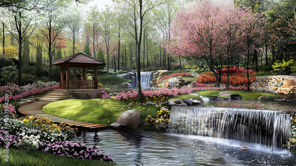 Obraz premium A tranquil garden with a gazebo, flowing waterfalls, and a winding stone path.