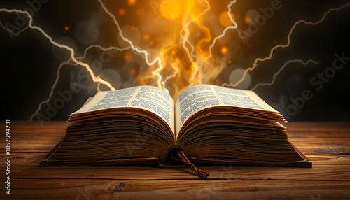 Imagine a picture book of an ancient book opened on a wooden table with a sparkling golden background. With magical power. magic. lightning around a glowing glowing book In the room of darkness isol photo