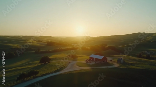 A red barn sits on a rolling green hill at sunset.