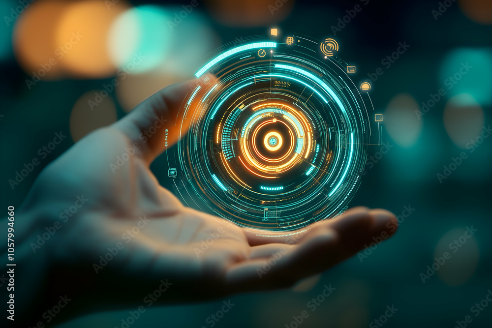 Hand Holding Futuristic Circular Interface Hologram in Modern Digital Environment Hand Holding Futuristic Circular Interface Hologram in Modern Digital Environment