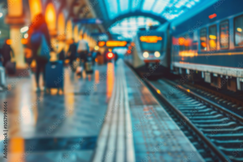 Blurred background of a busy train station or subway platform. People going and moving suitcases on a platform near the airport shuttle train. Blurred background of a busy train station or subway platform. People going and moving suitcases on a platform near the airport shuttle train.