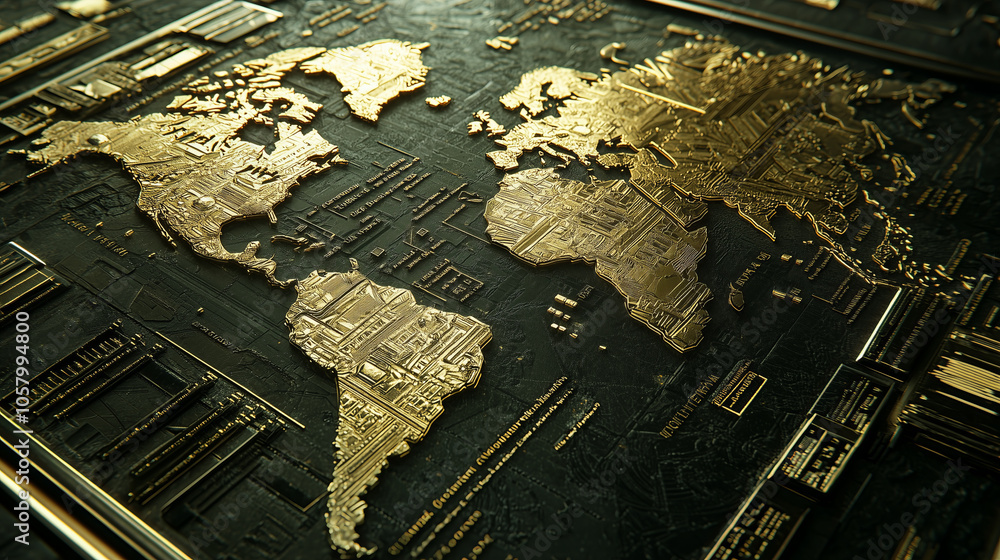 Fototapeta premium A gold world map embossed on a black surface.