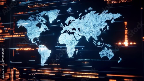 Tech world map on electronic display screen, global network security, data computing connectivity