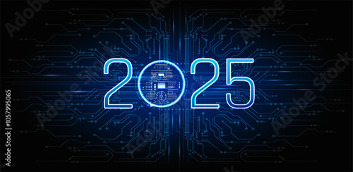 Futuristic digital representation of the year 2025 with circuit patterns and glowing elements illuminated in a dark background.