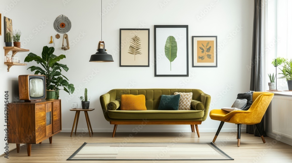 Cozy Modern Living Room with Green Sofa and Artistic Decor Cozy Modern Living Room with Green Sofa and Artistic Decor