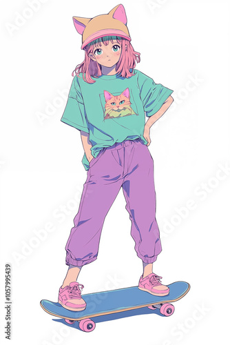 Anime style character illustartion. Cute girl with skateboard, isolated on wgite background. Bright colors, anime fan art photo