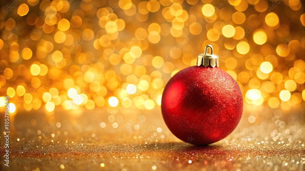 Minimalist red Christmas tree toy ball with festive golden bokeh background Minimalist red Christmas tree toy ball with festive golden bokeh background