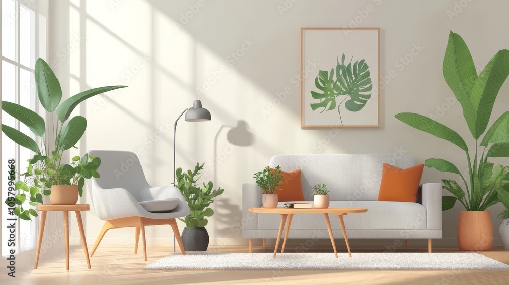 Modern Living Room Interior with Green Plants and Natural Lighting Modern Living Room Interior with Green Plants and Natural Lighting