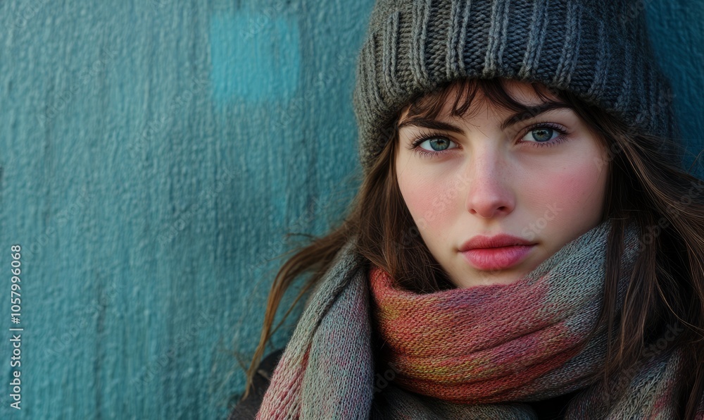Beautiful young woman wearing scarf and a a hat on a cold winter day Beautiful young woman wearing scarf and a a hat on a cold winter day