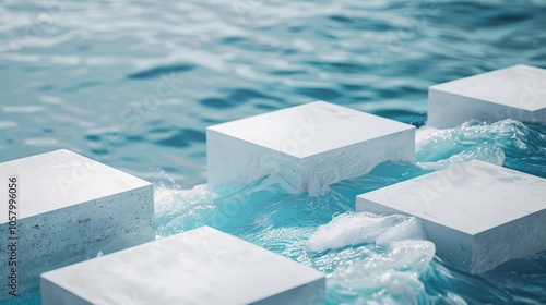 White square podiums on blue water texture with waves: Abstract background for product display.