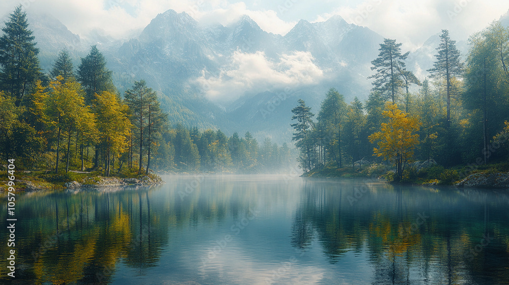Serene autumn landscape with reflective lake and misty mountains Serene autumn landscape with reflective lake and misty mountains