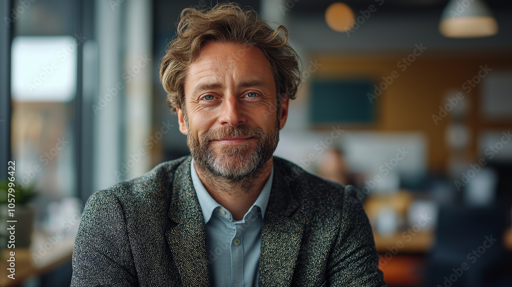 man with light brown hair and a beard, smiling, wearing a gray jacket man with light brown hair and a beard, smiling, wearing a gray jacket