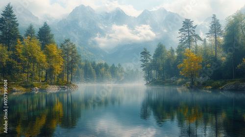 Serene autumn landscape with reflective lake and misty mountains