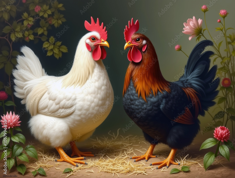 Fototapeta premium two hens, white and black, are sitting on the straw