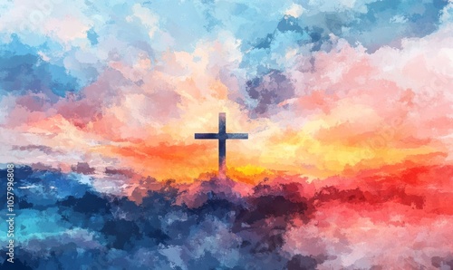 blurry abstract background Painting in watercolor depicting a conceptual cross or other religious symbol over a sky at sunset with clouds as God.