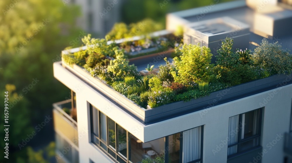 Naklejka premium A rooftop garden showcasing greenery and plants in an urban setting.